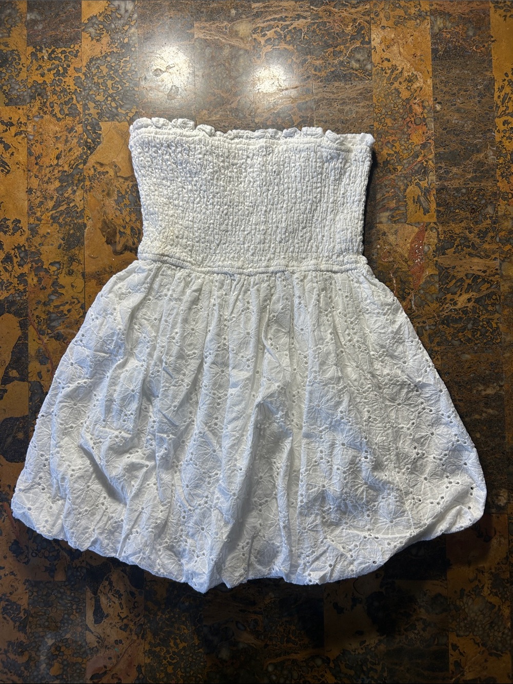 Windsor White Smocked Strapless Eyelet Mini Dress
